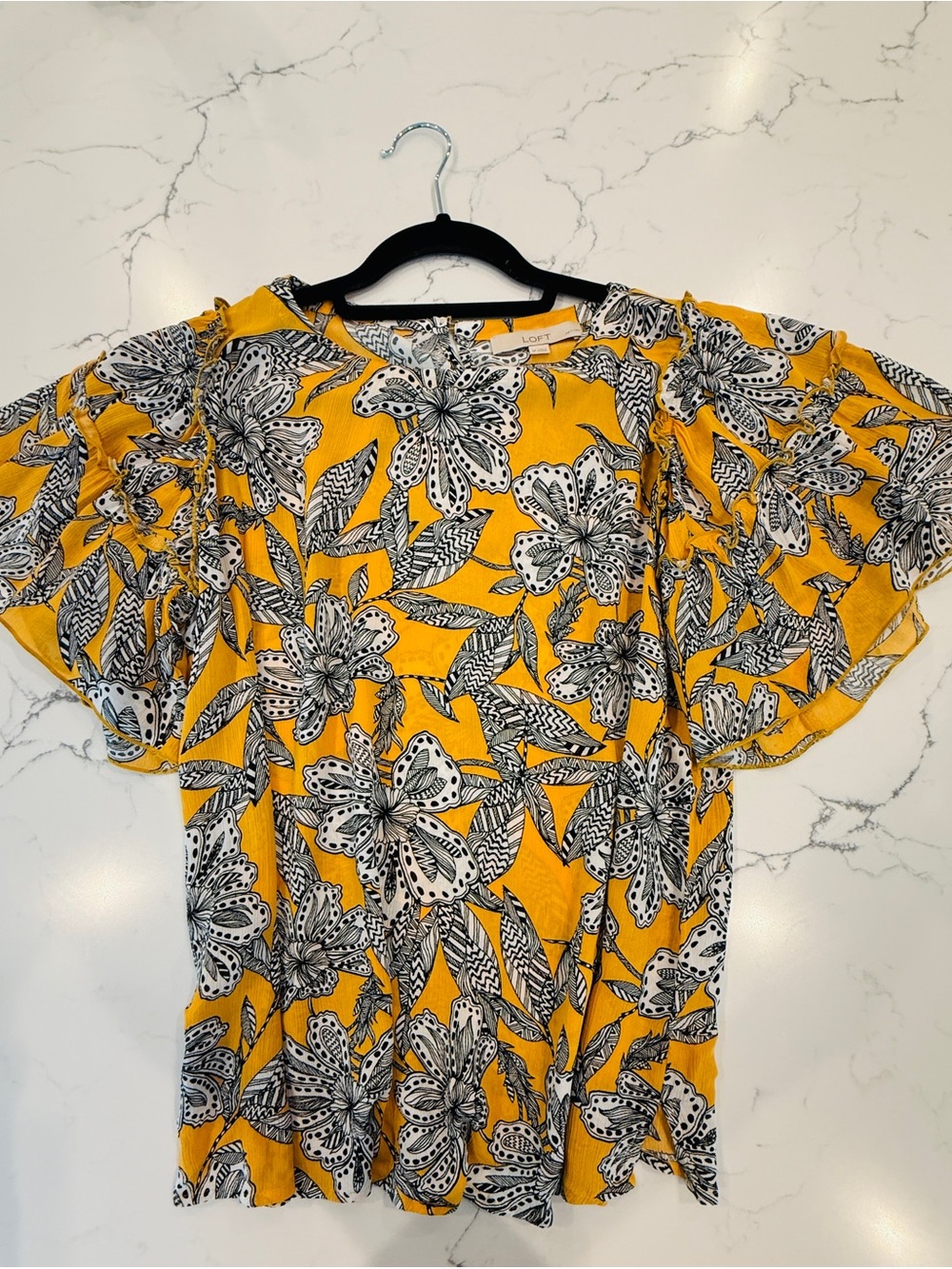 LOFT Yellow Floral Flutter-Sleeve Blouse